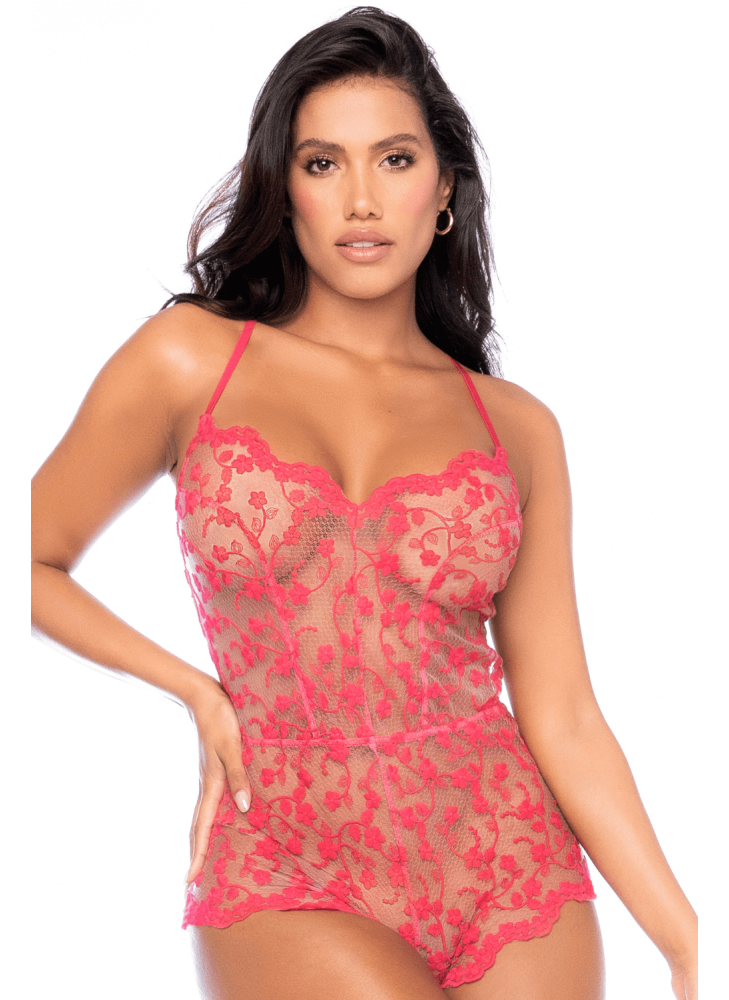 Combishort en dentelle transparente couleur cerise - MAL7543CHRY